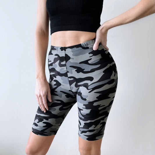 Grey/Black Camo Biker Shorts. Hyper Stretch and Softness. Elastic Band.