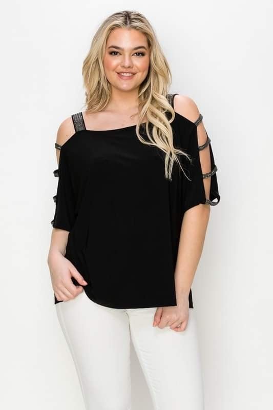 Plus Size, Stunning jeweled Ribbed Open Sleeve Top Black or Red