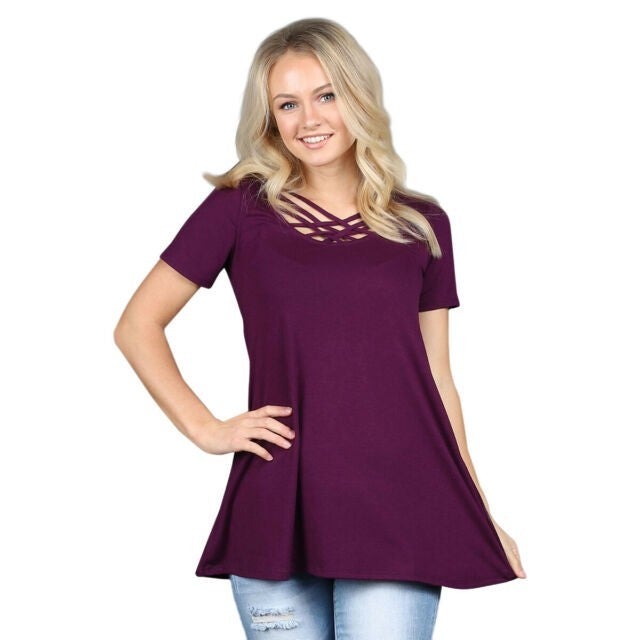 Premium Soft Fabric Criss Cross Lattice Solid Tunic Top 2 Colors to Choose From