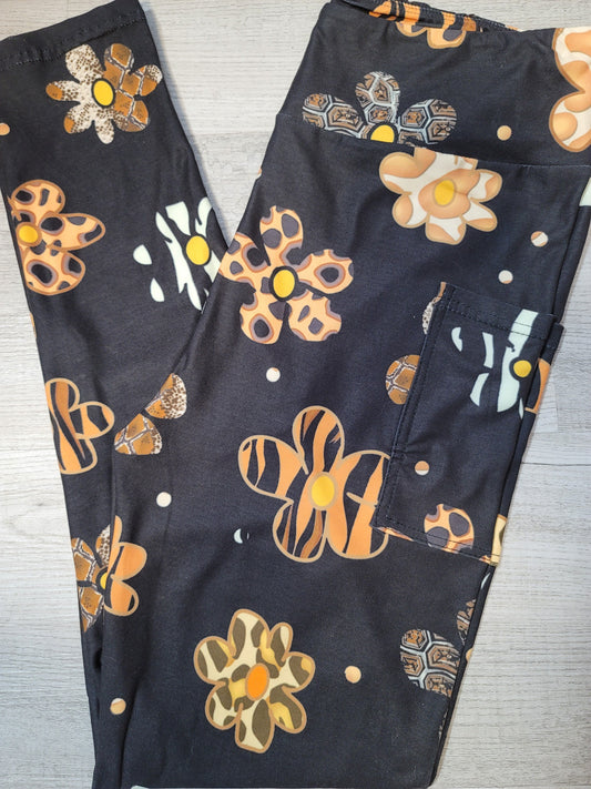 Animal Print Flower Leggings with Pockets, Yoga Band, Soft Material
