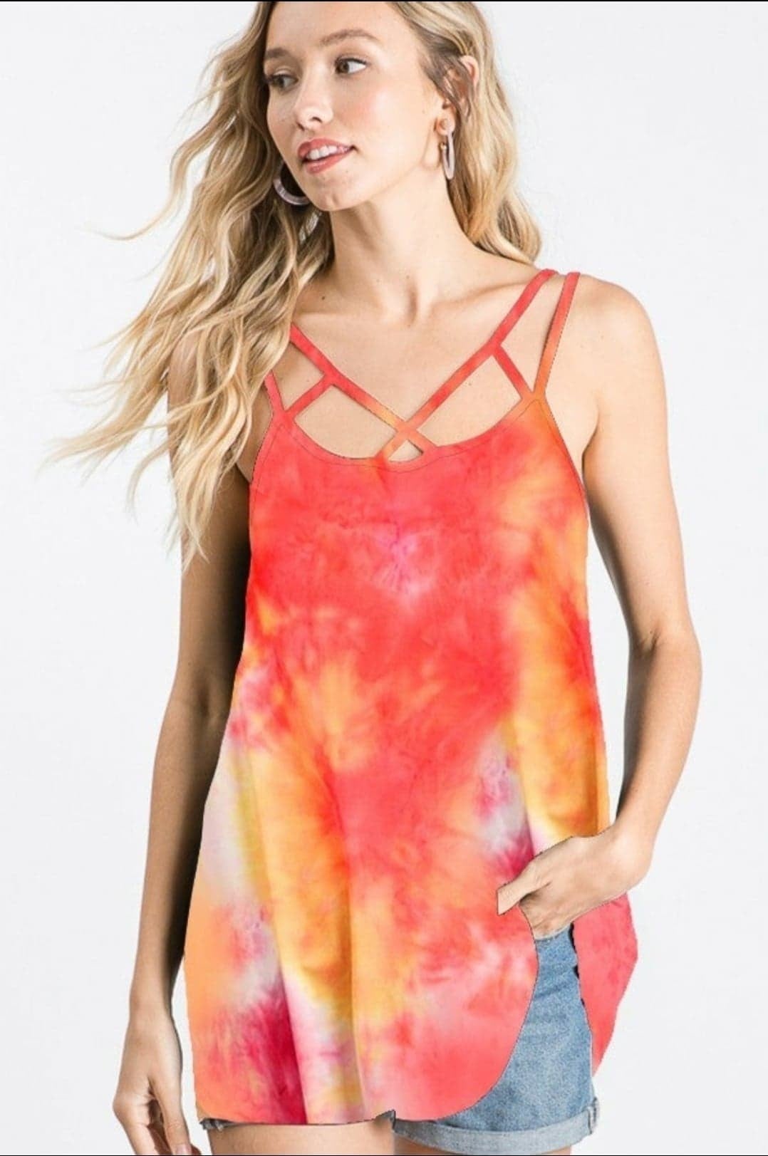 Plus Size Comfort! Stretchy & Soft Tie Dye Criss Cross Tank Top