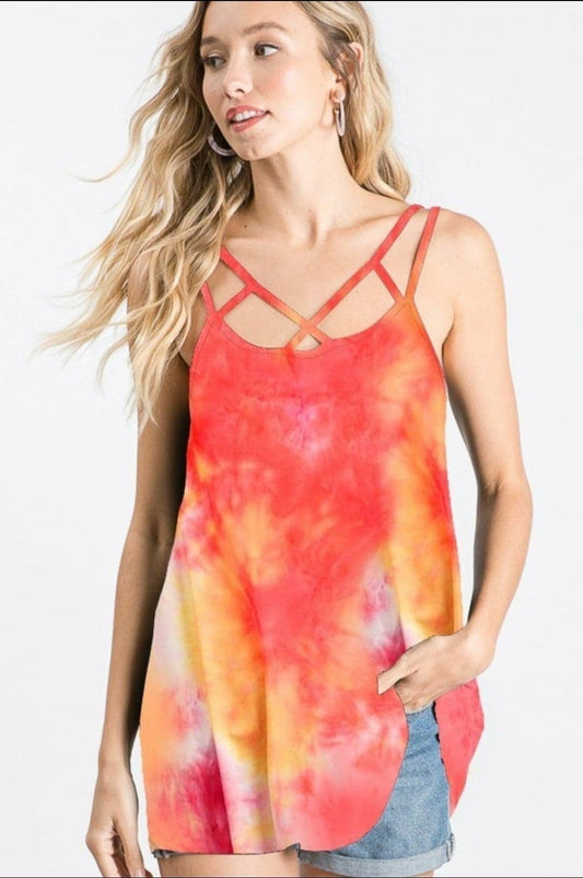 Plus Size Comfort! Stretchy & Soft Tie Dye Criss Cross Tank Top