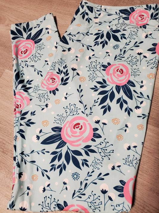Aqua Floral Print Leggings, Yoga Band, Soft Material