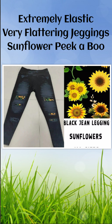 Black Denim Print Jeggings Peek A Boo Sunflower. Yoga Band. Extra Soft and stretchy!