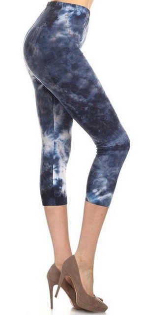 Plus Size Blue Tie Dye Standard Select Capri, Elastic Band, Hyper Stretch