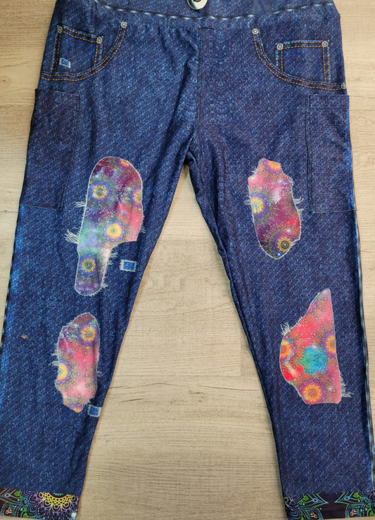 Psychedelic Kolidescope Blue Denim Jegging with Pockets