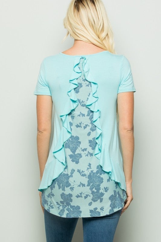 S/M/L (Runs a big big) Beautiful Aqua Blue Split Ruffle Floral Back Tunic