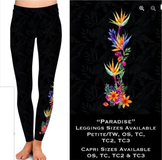 Black Paradise Floral Leg Leggings. Hyper Stretch and softness! Yoga Band.