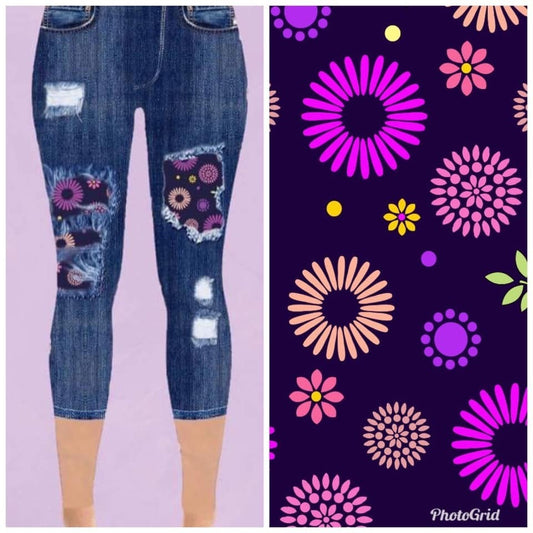 Denim Print Jeggings CAPRI Pueple/Pink Peek a Boo Flowers