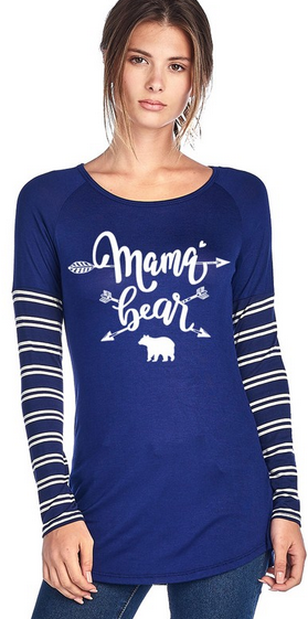 ONLY SMALL LEFT Navy Mama Bear Long Striped Sleeves. Made in the USA.