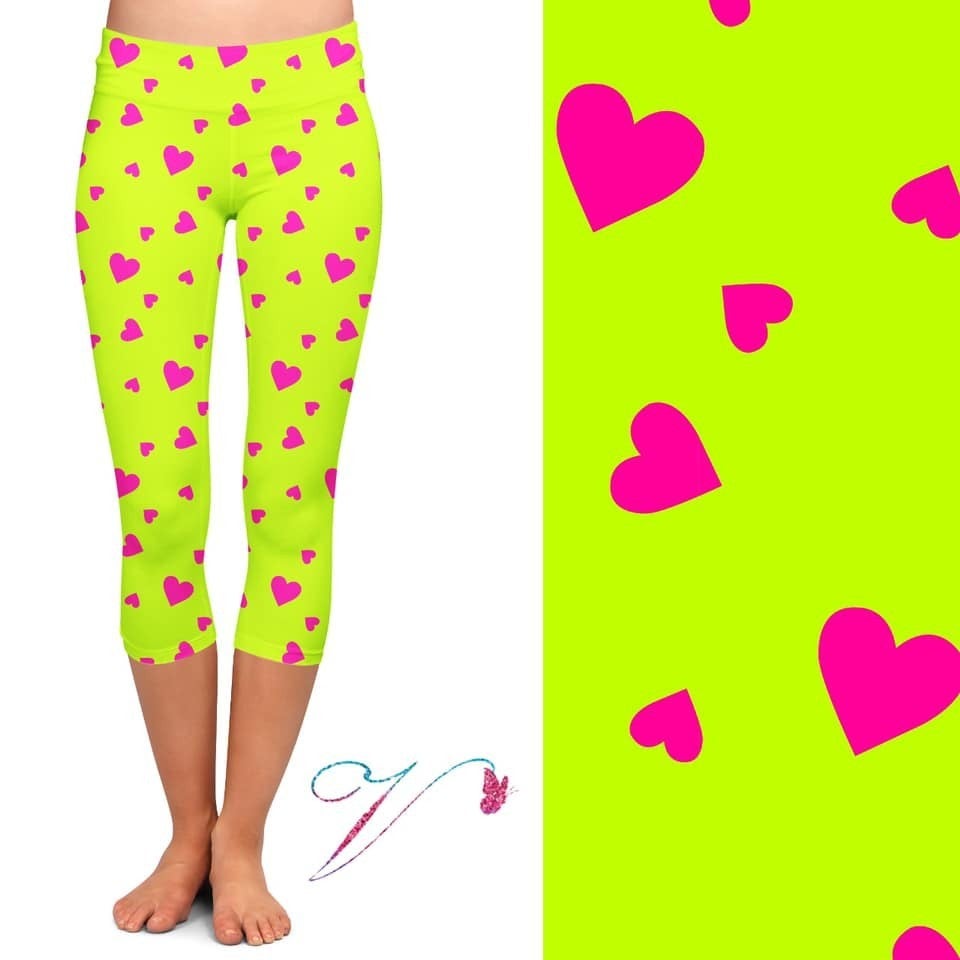 Neon Chartreuse with Pink Hearts Designer CAPRI, Extra Comfy Yoga Band