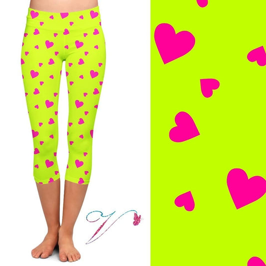 Neon Chartreuse with Pink Hearts Designer CAPRI, Extra Comfy Yoga Band
