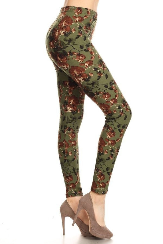 Olive & Brown Floral, Elastic Band Leggings