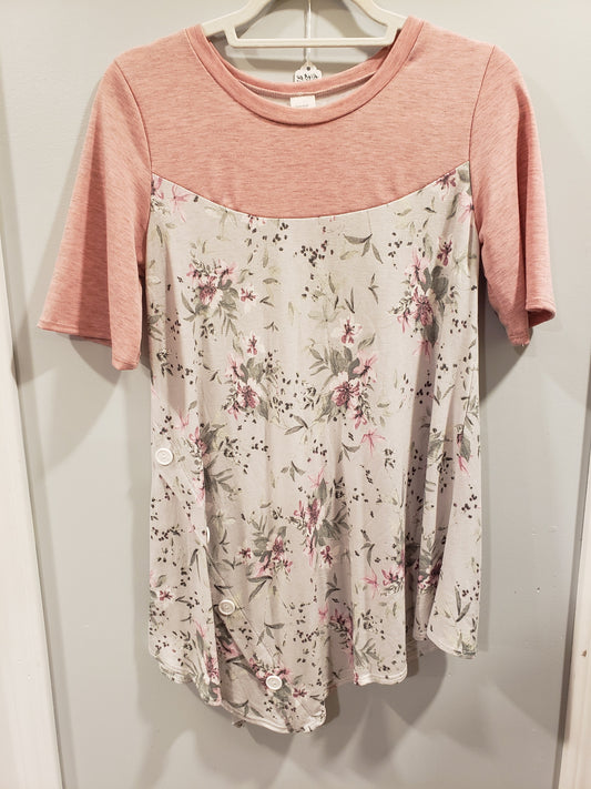 ONLY SMALL & MEDIUM LEFT!  Runs Big. Pink/Grey Top Grey Floral Tunic. Made in the USA. Size Down.