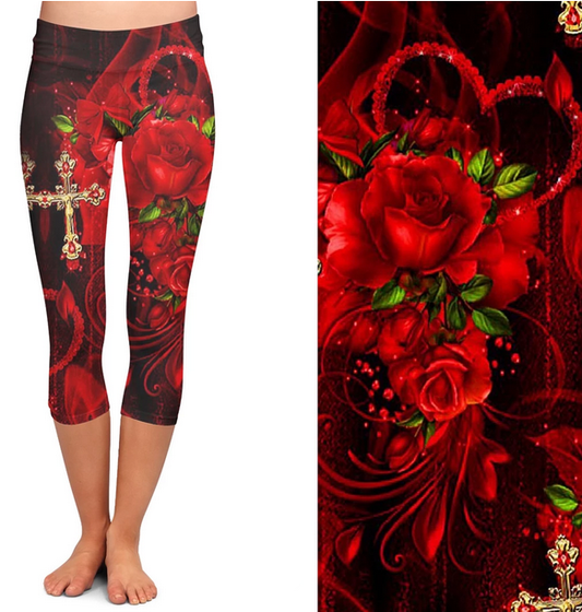 Red & Black Roses and Cross CAPRI. High Waist, Yoga Band, Very Soft and Stretchy!