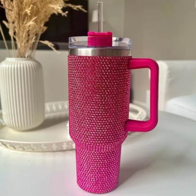 HUGE!!! Shiny Rhinestone 40 Oz Tumbler with Handle, Stainless Steel Insulated Travel Coffee Mug Double Wall Leak Resistant Vacuum Tumbler with Straw