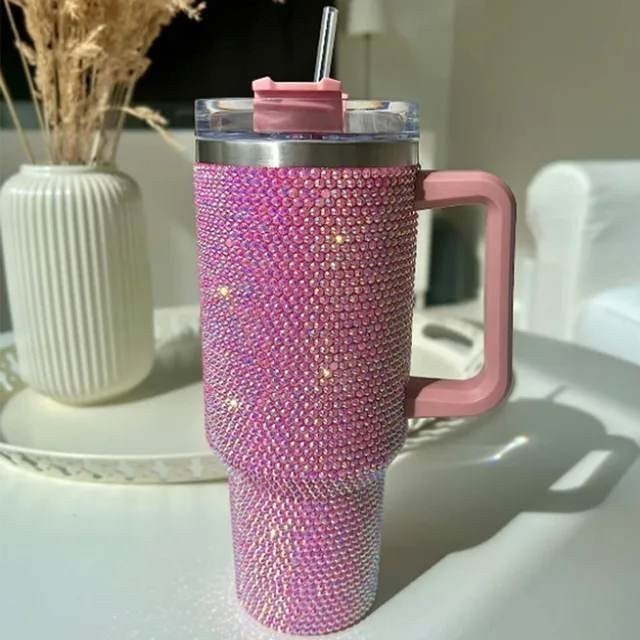HUGE!!! Shiny Rhinestone 40 Oz Tumbler with Handle, Stainless Steel Insulated Travel Coffee Mug Double Wall Leak Resistant Vacuum Tumbler with Straw