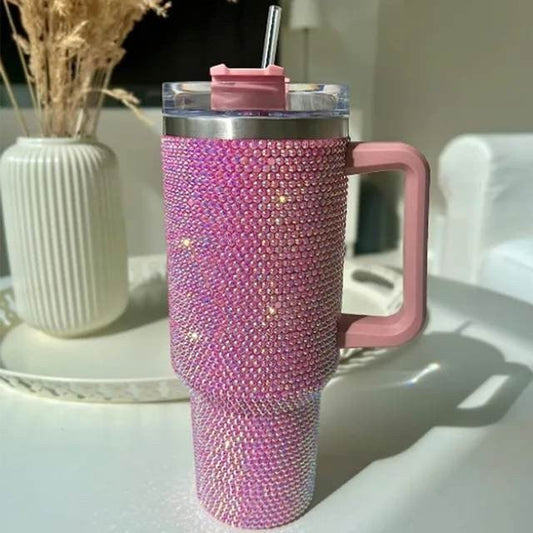 HUGE!!! Shiny Rhinestone 40 Oz Tumbler with Handle, Stainless Steel Insulated Travel Coffee Mug Double Wall Leak Resistant Vacuum Tumbler with Straw