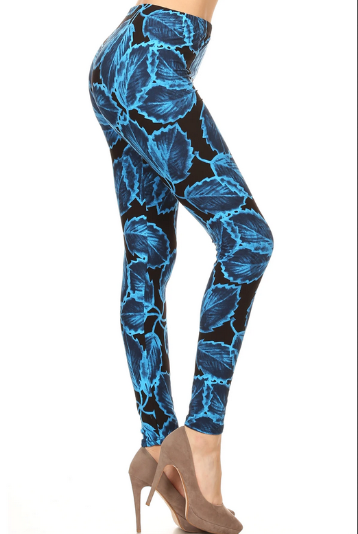 Royal Blue Glowing Leaves on Black Background. Soft Leggings!