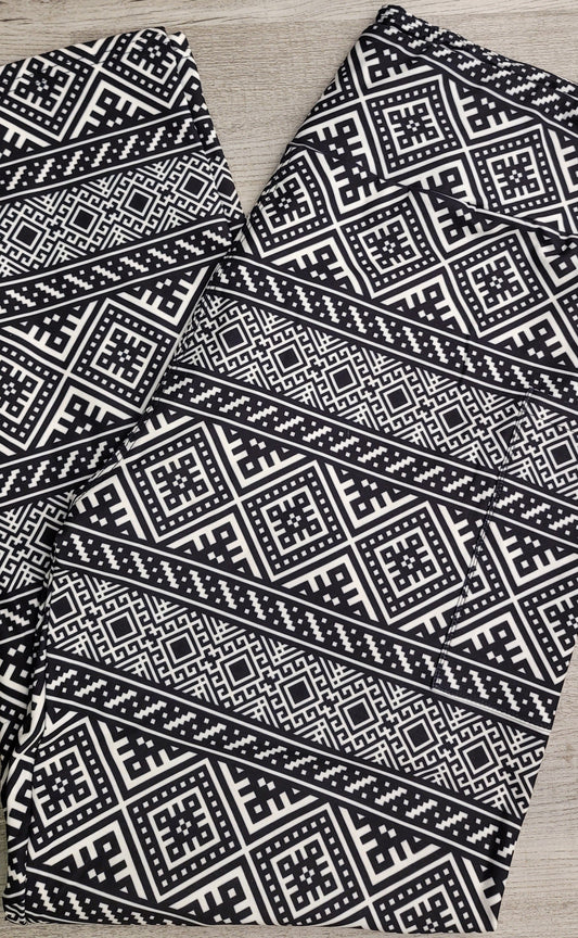 Greek Key Design Super Soft Leggings, Black and White, Yoga Band