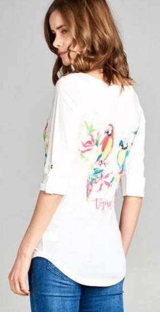 Colorful Print on White top Tropical Parrot 3/4 Sleeve Top. Size up.