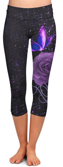 Purple Butterfly with Purple Flower CAPRI. High Waist, Yoga Band, Very Soft and Stretchy!