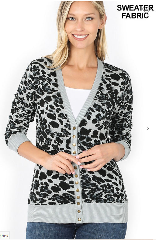 Light Weight Grey Leopard, V Neck with Snap Front Closure, Soft and Comfortable!