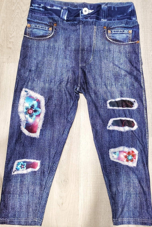 Jegging CAPRI Teal  Floral. High Waist, Extra Stretch and Softness.