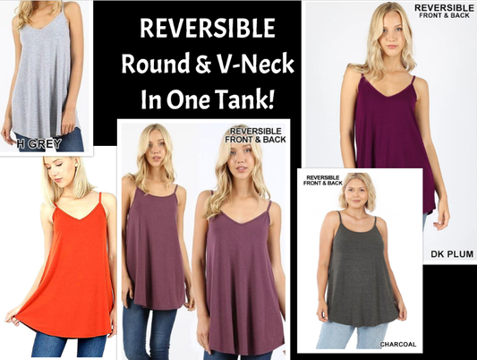 REVERSIBLE! Round or V Neck? Both! Premium Soft Spaghetti Strap, Flowy Cami Tank Top