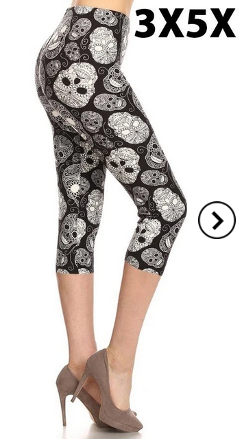 Black & White Sugar Skulls Capri, Extremely Soft, Hyper Stretch, Elastic Band!