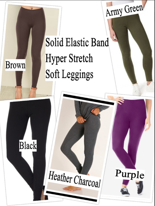 Super Soft/Hyper Stretch Solid Color ELASTIC BAND Leggings. Variety of Colors Choices.