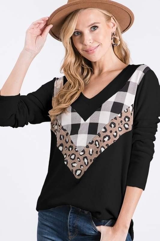 V Neck Plaid/Leopard Chevron Print Contrast Top. Made in USA