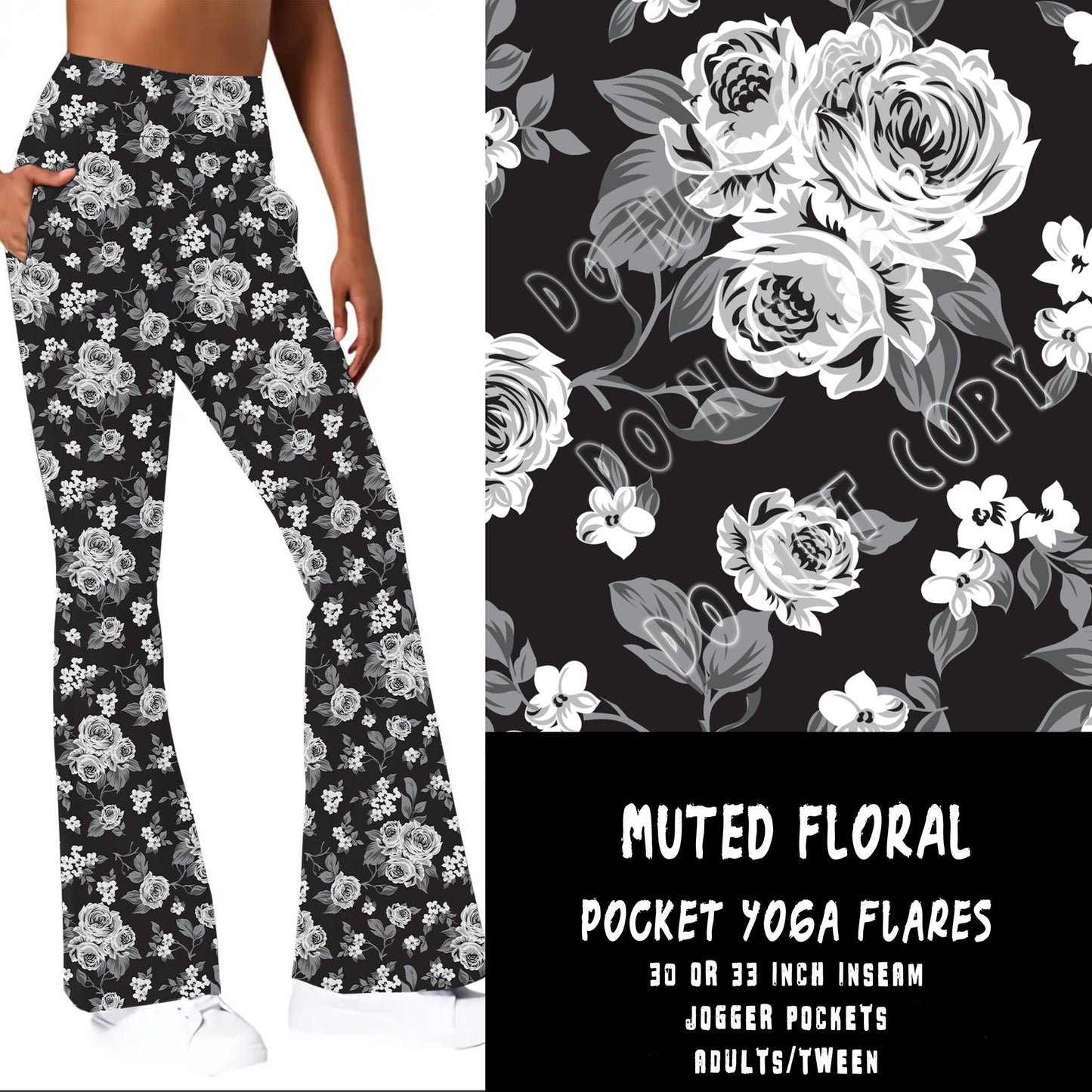 Black and White Roses Bell Bottom Flares! Custom Made, Yoga Band, Extreme Softness and Stretch!