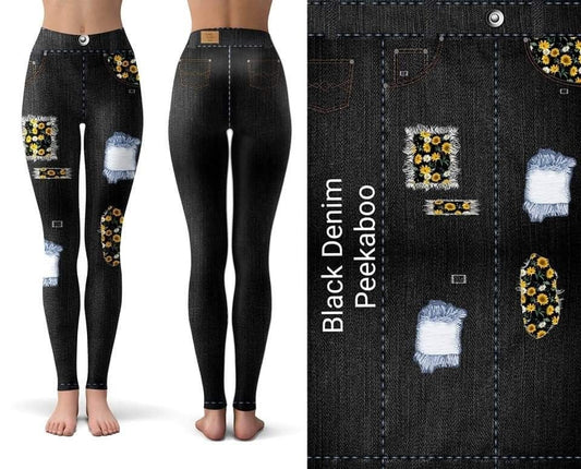 Black Denim Peek A Boo Sunflower Leggings.  Yoga Band, Very Soft and Stretchy!