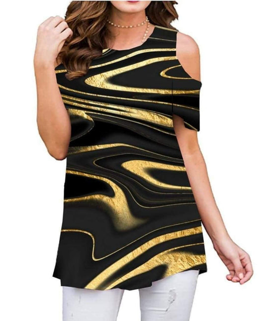 Cold Shoulder, Black & Gold Swirl Tunic Top. Stretchy Comfortable Fabric.