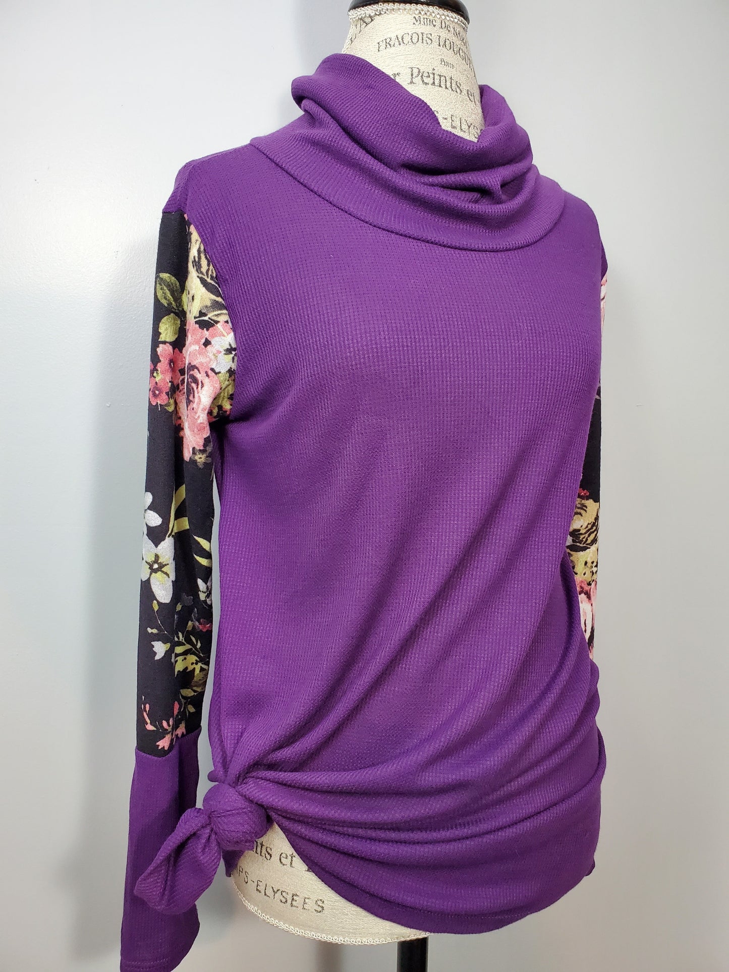 Plum/Purple Floral Long Sleeves, Turtle Neck Top Made in USA