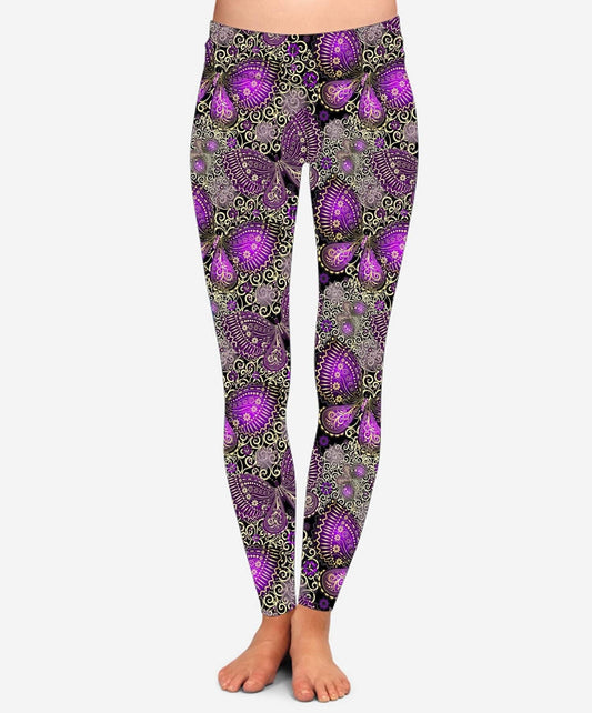 Purple Scroll Butterfly Leggings, Soft Yoga Band