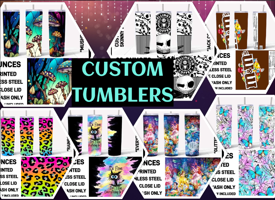 Variety of Custom Tumblers, Stainless Steal 20 oz. Clear Slide Close Lid, Clear Straw for Optional Use.