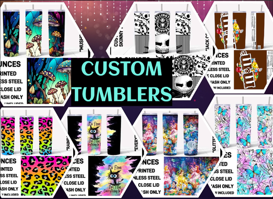 Variety of Custom Tumblers, Stainless Steal 20 oz. Clear Slide Close Lid, Clear Straw for Optional Use.