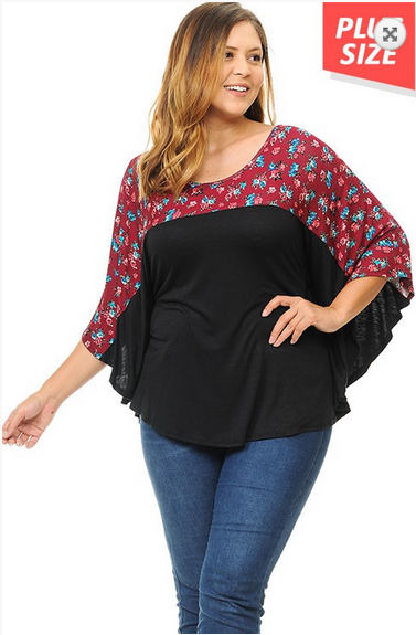 LAST 1X Soft and Stretchy Bat Sleeve Design, Black And Wine Floral Top