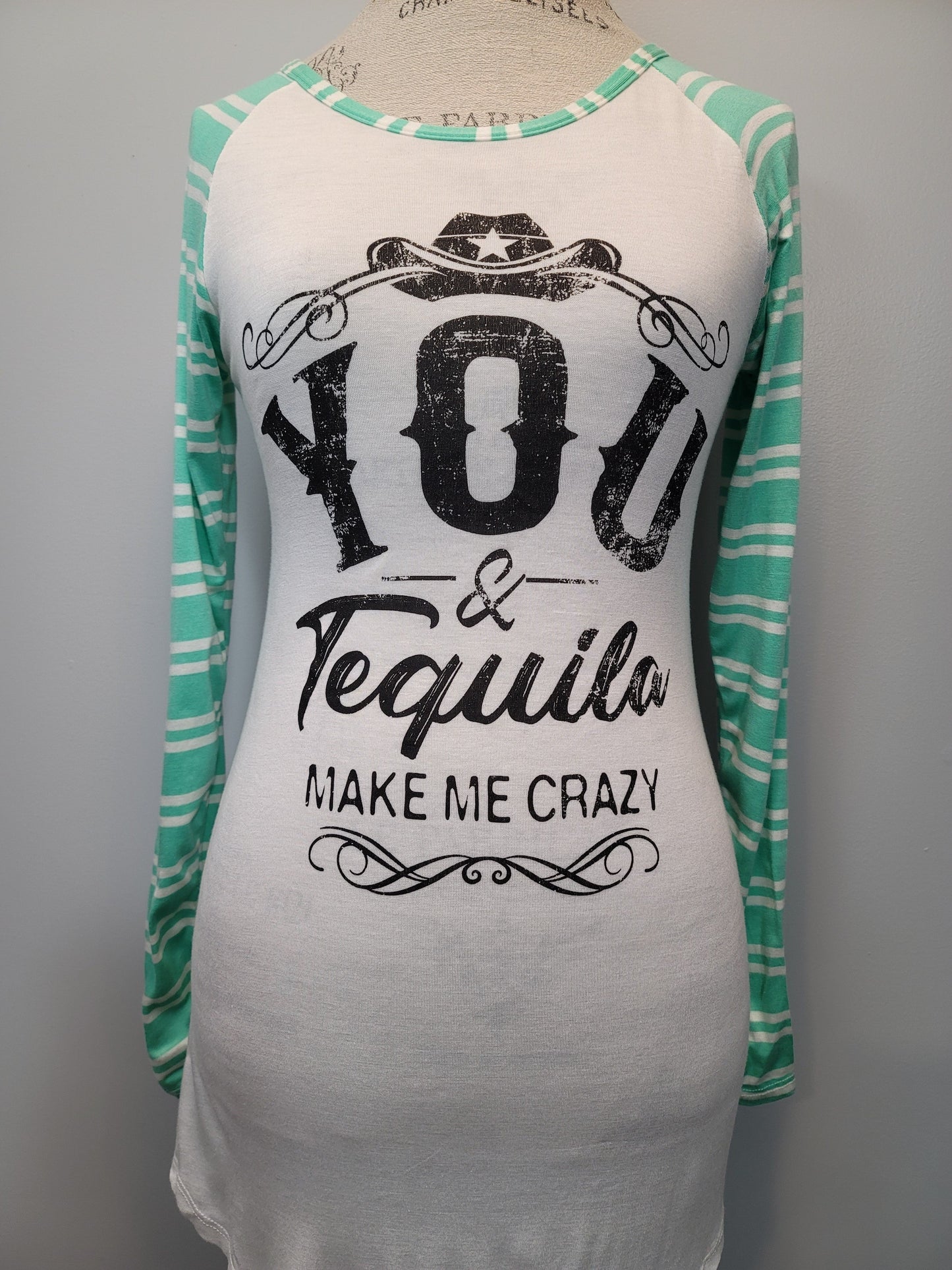 "You & Tequila Make Me Crazy" White & Mint, Stretchy, Soft Raglan Top
