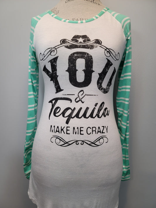"You & Tequila Make Me Crazy" White & Mint, Stretchy, Soft Raglan Top