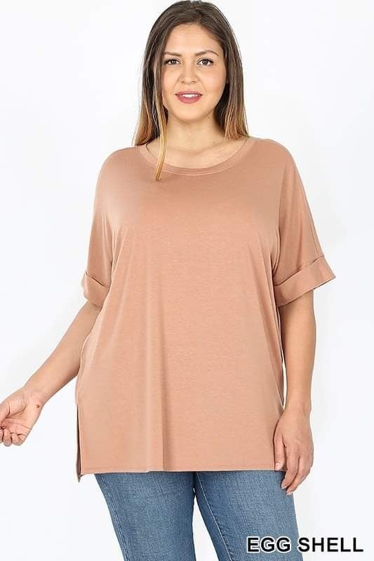 Plus Only! Premium Round Neck, Cuff Sleeve, Slit Side Hi-Low Hem Top