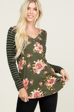 Olive Floral & Stripe Contrast, Stretchy, Soft, V-Neck Top