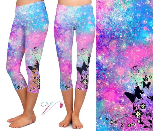 Pastel Floral Criss Cross with Black Butterfly CAPRI. High Waist, Yoga Band, Very Soft and Stretchy!