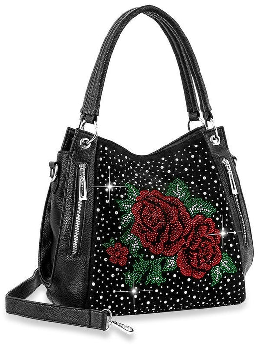 A beautiful way to shine up any look, fashion handbag features dual front pockets, tassel accent and shimmering rhinestone crystals in a rose design.