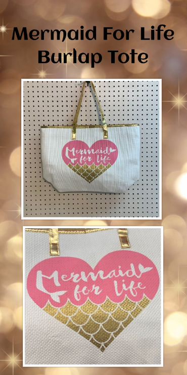 "Mermaid For Life" Burlap Large Tote Trimmed in Gold.