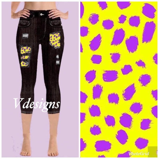 FUN  Neon Yellow & PurplePeek a Boo Black Denim CAPRI Jeggings, Yoga Band