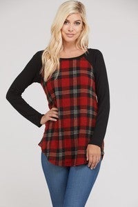 Light Knit, Curved Hemline, Raglan Black and Plaid Contrast, Made in USA