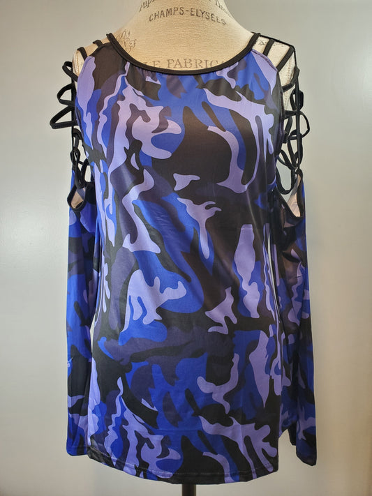 Purple/Blue/Black Camo Open Strappy Shoulder Long Sleeve Top.  Runs SMALL, Size 2 Up!